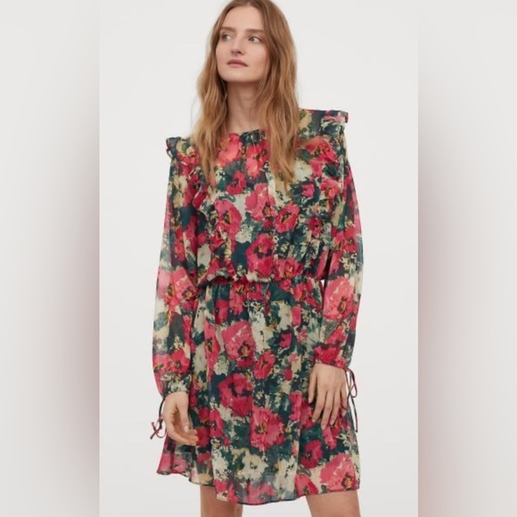 H&M Floral Green Ruffle Mini Dress – M – Excellent Condition - Picture 1 of 16